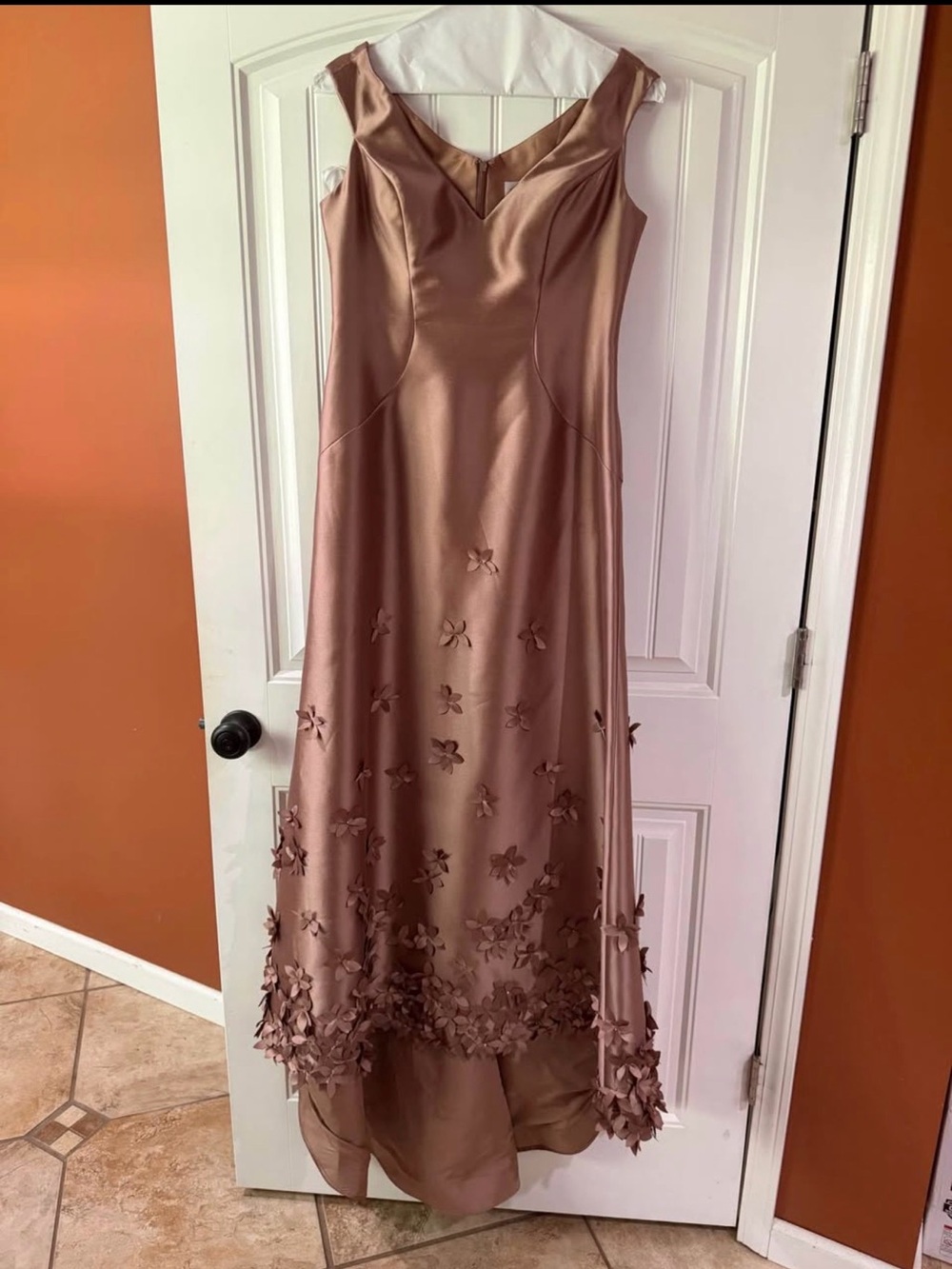 Montage by Mon Cheri Rose Satin High-Low Gown with 3D Floral Appliqués